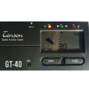 Gitarren Stimmgerät Tenson GT-40 - LCD-Nadelanzeige mit Tonangabe und 3 farbigen LEDs - Gewicht: 80 Gramm - Betrieb mit 2 x 1,5 Volt AAA Batterien (inklusive) - Nr. 8508