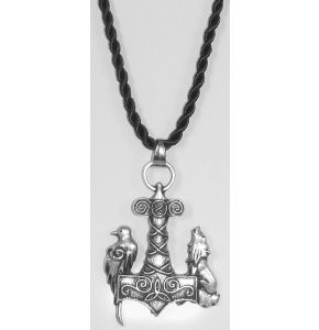 Halskette mit Thors Hammer mit Rabe / Wolf. Maße des Motivs: 45 mm x 30 mm x 40 mm. Kettenlänge: 54 cm